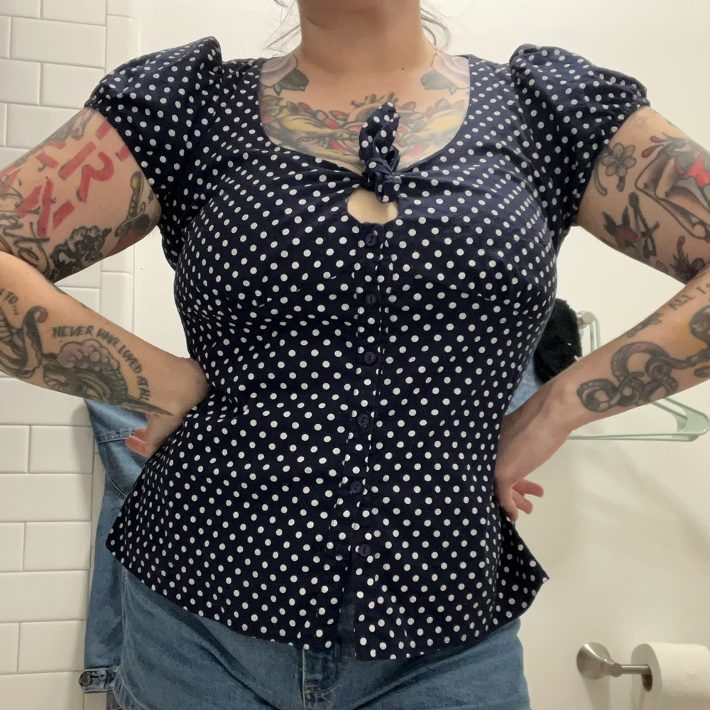 Vintage Torrid Navy Polka Dot Tie Top - Picture 2 of 6